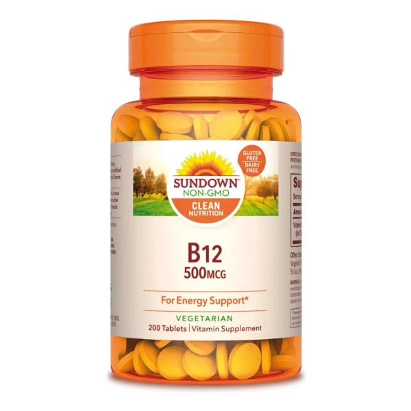 Vitamina B12 Sundown Naturals 500 Mcg Suplemento En Tabletas En Frasco De 200 Unidades