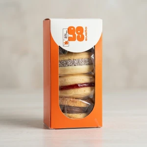 Cajita de 4 alfajores sin gluten LOCO SUELTO ( Maizena con dulce de leche, maicena con membrillo , con coco, y con chocolate )